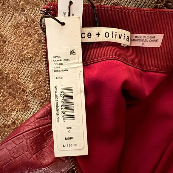 Alice and Olivia, NWT, swoon worthy crocodile deep red leather, silk lined skirt